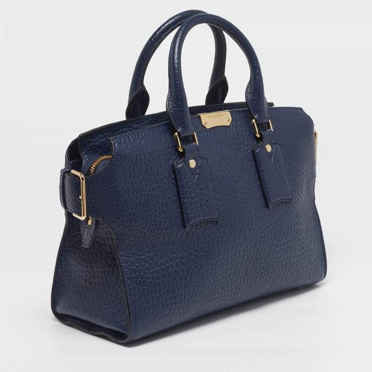 Pre Owned Burberry Clifton Navy Blue Grain Leather Tote