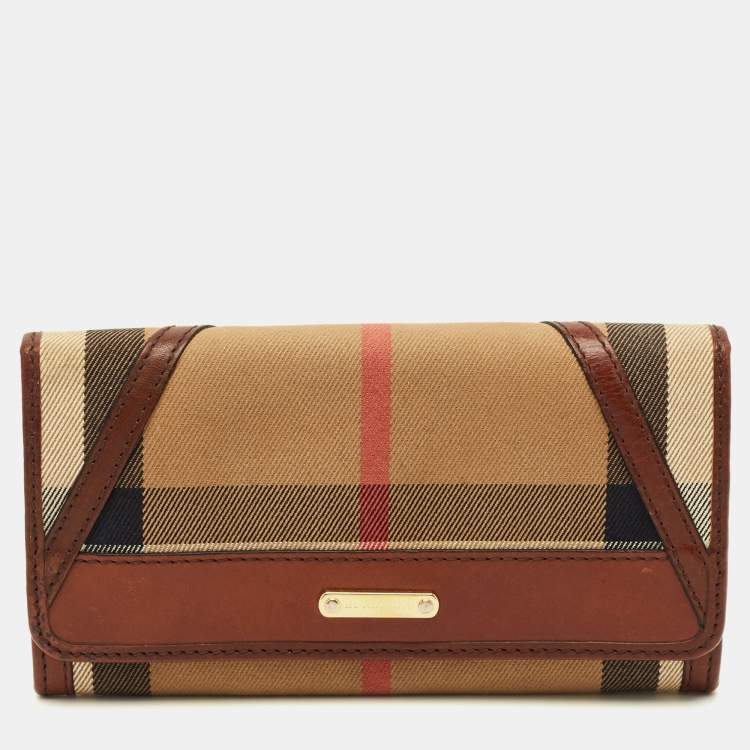 Pre Owned Burberry Leighton Brown/Beige House Check Canvas and Leather Continental Wallet