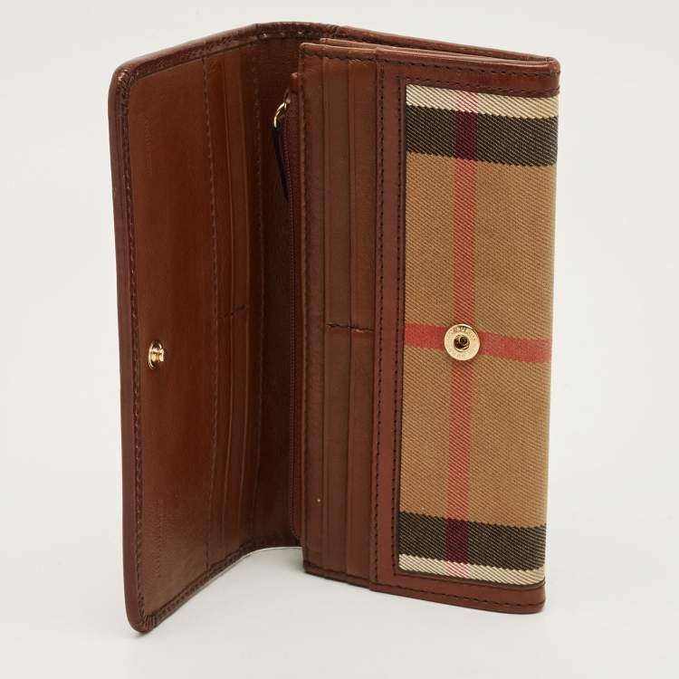Pre Owned Burberry Leighton Brown/Beige House Check Canvas and Leather Continental Wallet