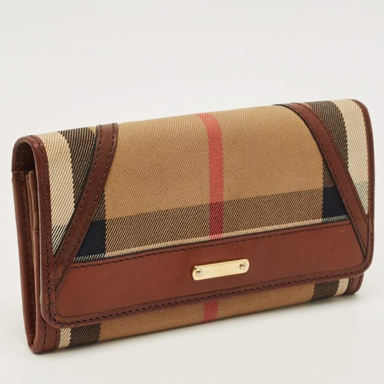Pre Owned Burberry Leighton Brown/Beige House Check Canvas and Leather Continental Wallet
