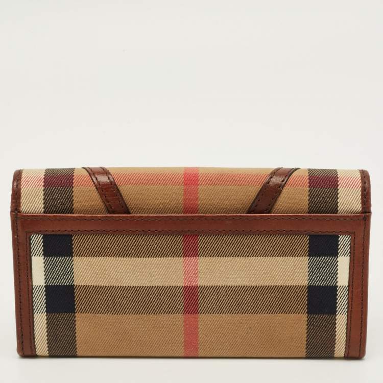 Pre Owned Burberry Leighton Brown/Beige House Check Canvas and Leather Continental Wallet