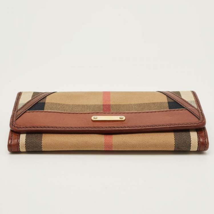 Pre Owned Burberry Leighton Brown/Beige House Check Canvas and Leather Continental Wallet