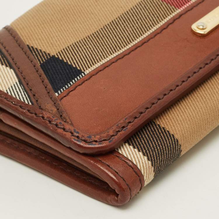 Pre Owned Burberry Leighton Brown/Beige House Check Canvas and Leather Continental Wallet