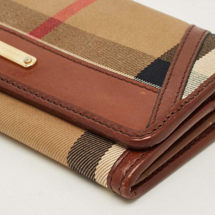 Pre Owned Burberry Leighton Brown/Beige House Check Canvas and Leather Continental Wallet