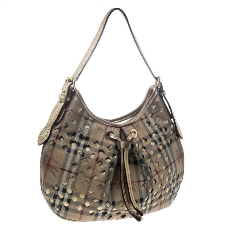Pre Owned Burberry Beige/Gold PVC and Haymarket Check Cutout Drawstring Hobo 
