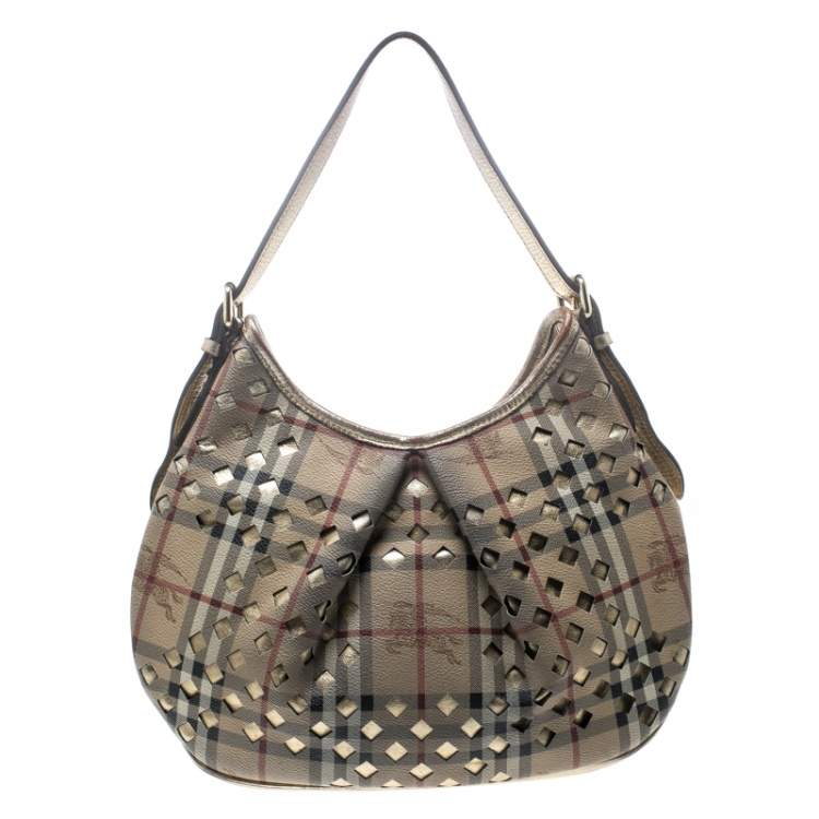Pre Owned Burberry Beige/Gold PVC and Haymarket Check Cutout Drawstring Hobo 