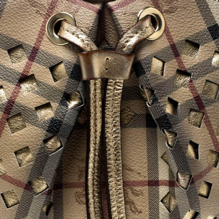 Pre Owned Burberry Beige/Gold PVC and Haymarket Check Cutout Drawstring Hobo 