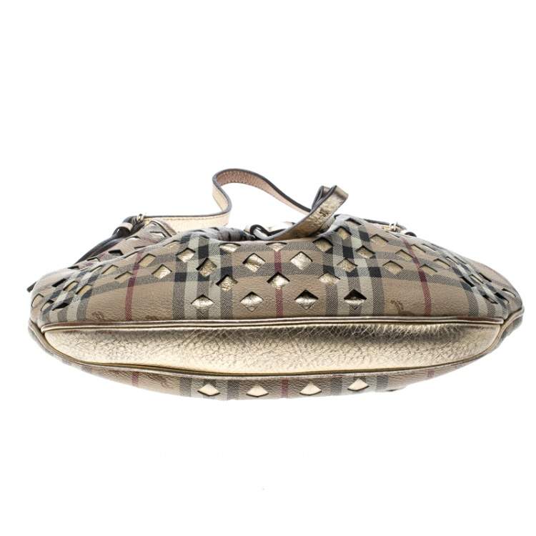 Pre Owned Burberry Beige/Gold PVC and Haymarket Check Cutout Drawstring Hobo 