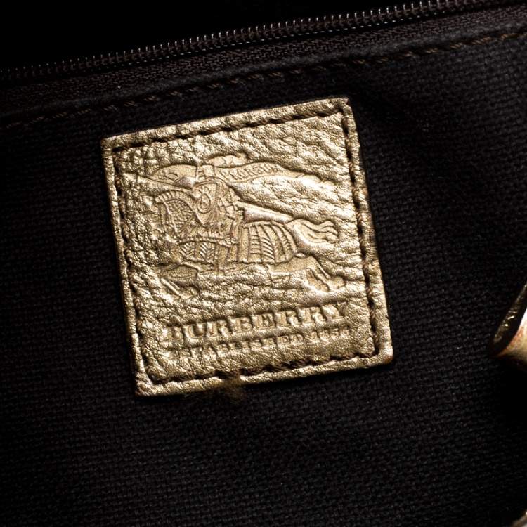 Pre Owned Burberry Beige/Gold PVC and Haymarket Check Cutout Drawstring Hobo 