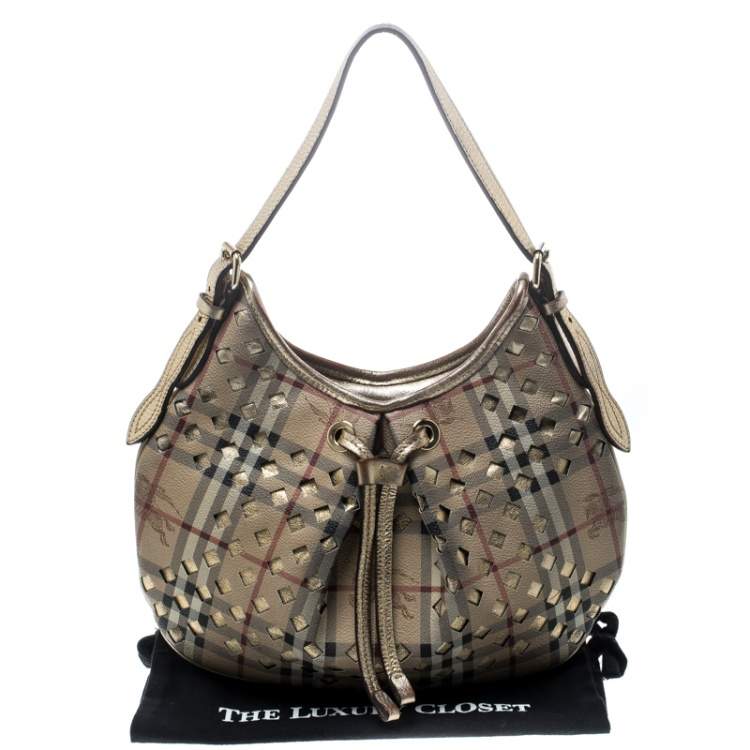 Pre Owned Burberry Beige/Gold PVC and Haymarket Check Cutout Drawstring Hobo 