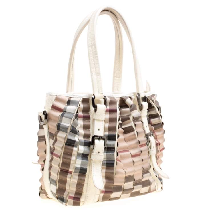Pre Owned Burberry Cream Cartridge Nova Check Lowry Tote
