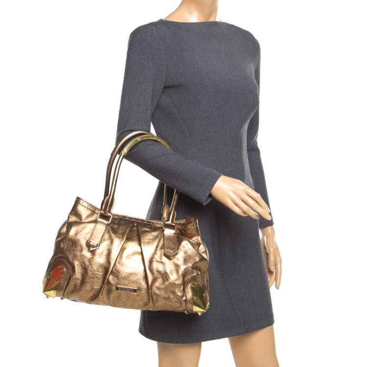 Pre Owned Burberry Gold Metallic Leather Satchel