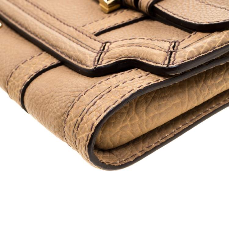 Pre Owned Burberry Beige Leather Buckle Fold Over Clutch