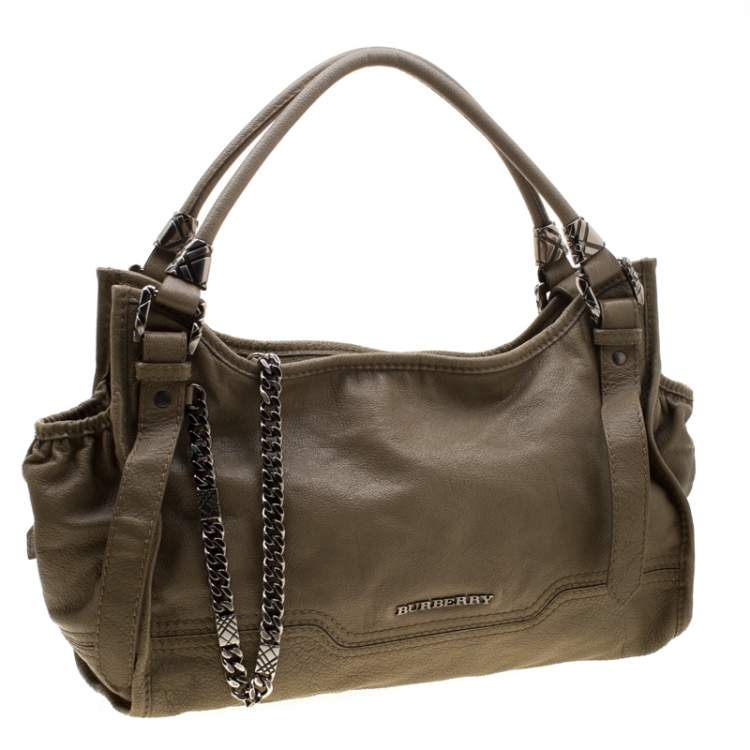 Pre Owned Burberry Khaki Leather Shoulder Bag