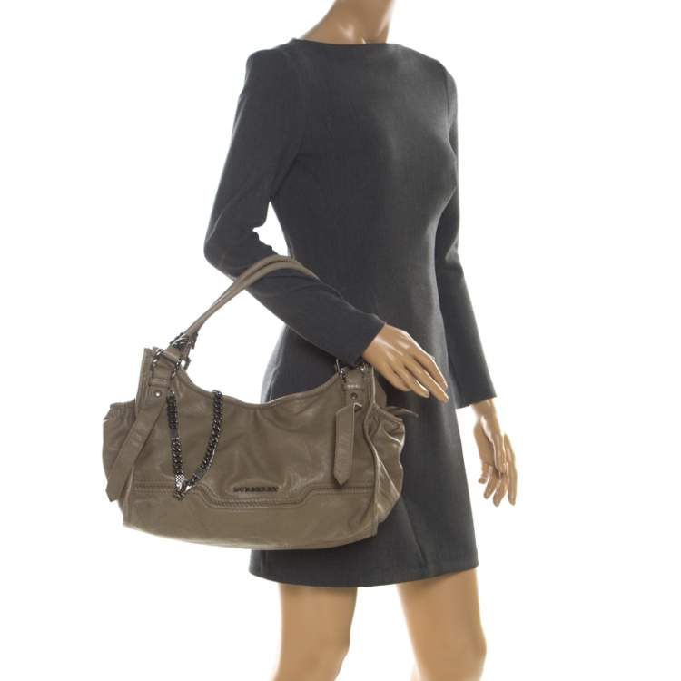 Pre Owned Burberry Khaki Leather Shoulder Bag