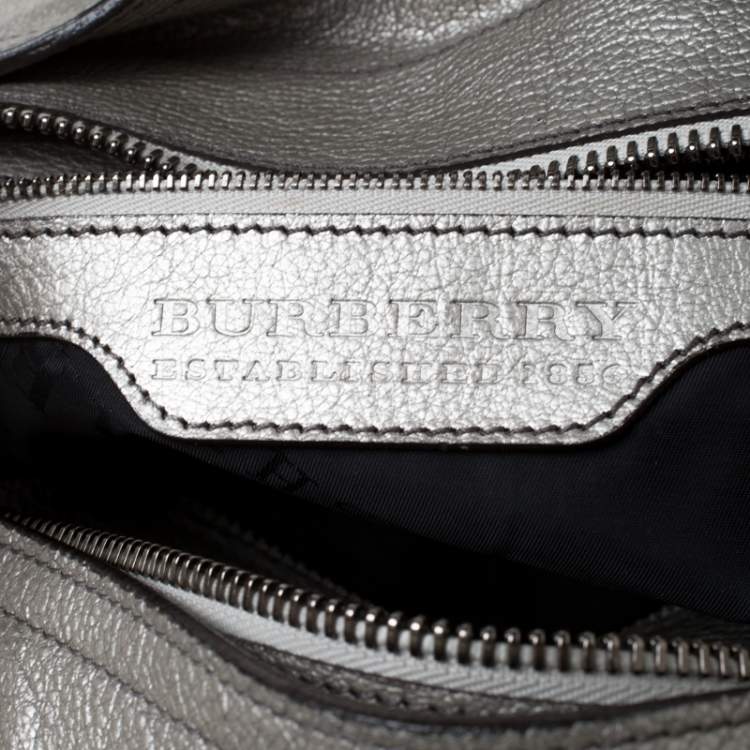 Pre Owned Burberry Metallic Grey Woven Leather Satchel
