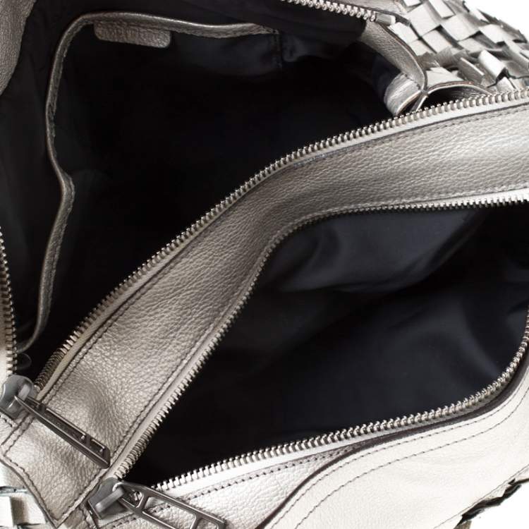 Pre Owned Burberry Metallic Grey Woven Leather Satchel