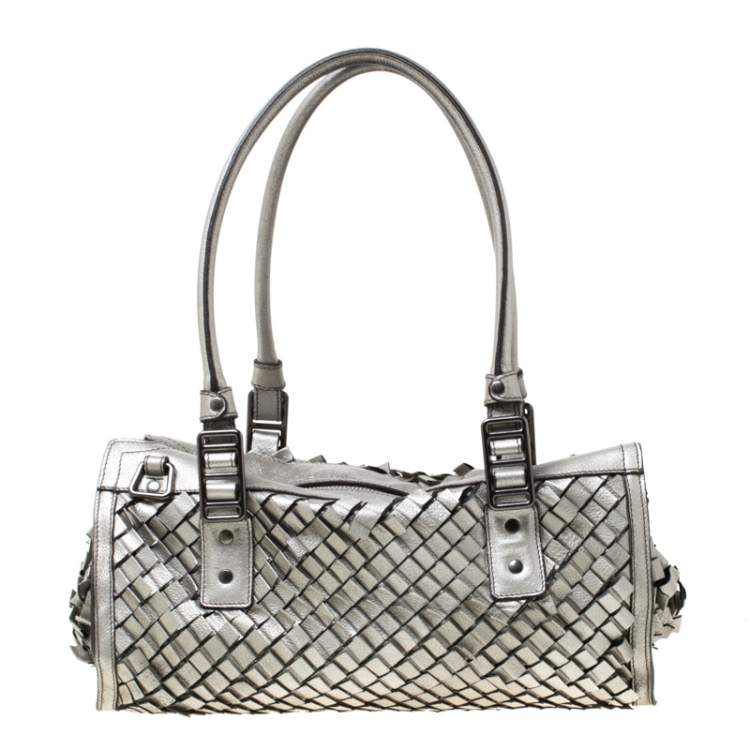 Pre Owned Burberry Metallic Grey Woven Leather Satchel