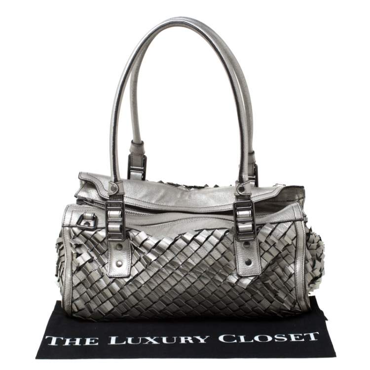 Pre Owned Burberry Metallic Grey Woven Leather Satchel