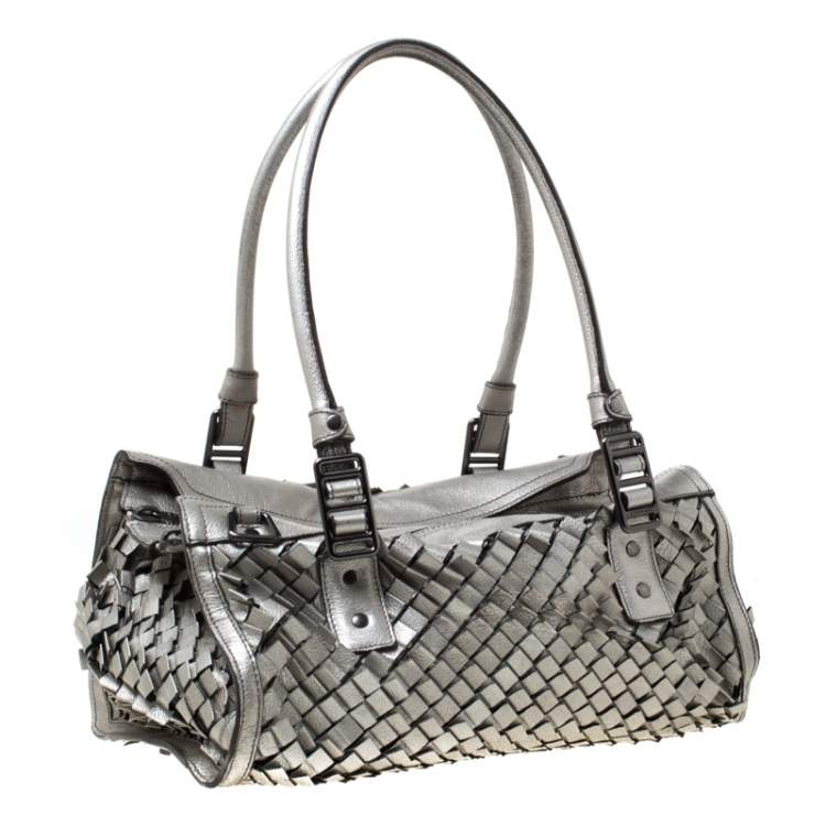 Pre Owned Burberry Metallic Grey Woven Leather Satchel