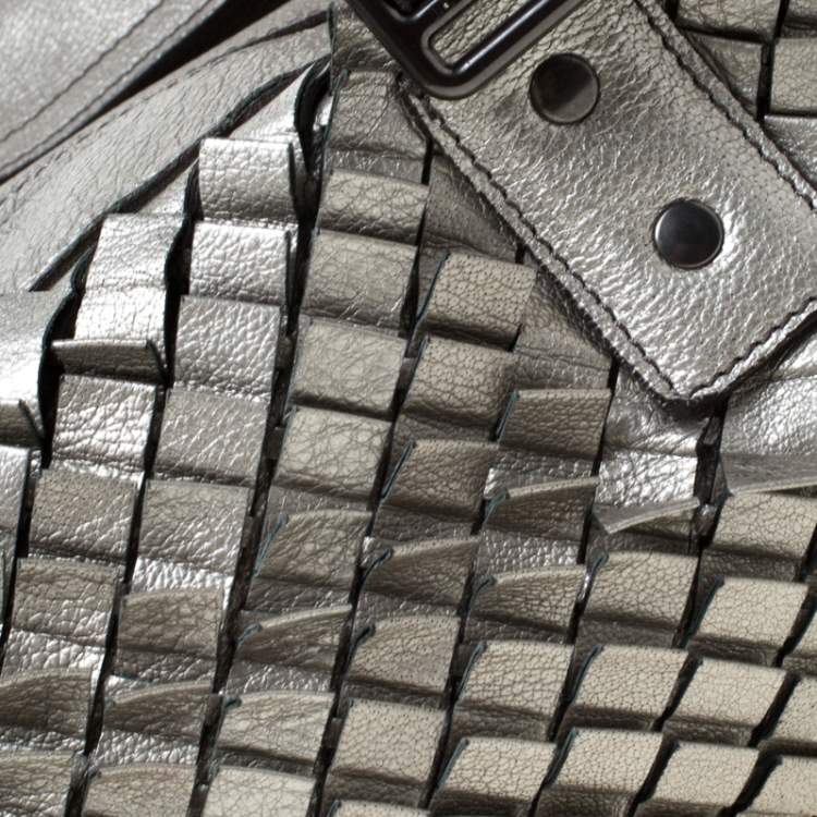 Pre Owned Burberry Metallic Grey Woven Leather Satchel