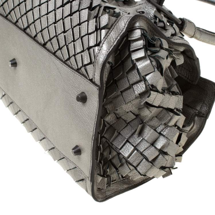 Pre Owned Burberry Metallic Grey Woven Leather Satchel