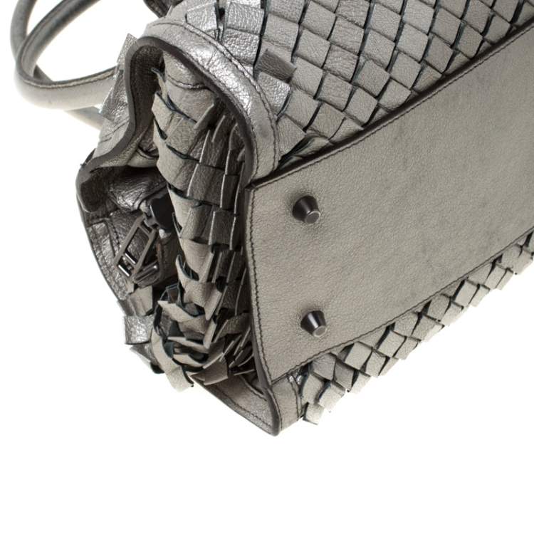 Pre Owned Burberry Metallic Grey Woven Leather Satchel