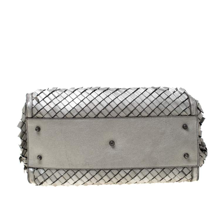 Pre Owned Burberry Metallic Grey Woven Leather Satchel