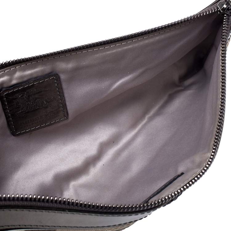 Pre Owned Burberry Beige/Metallic Nova Check PVC and Patent Leather Zip Wristlet Clutch
