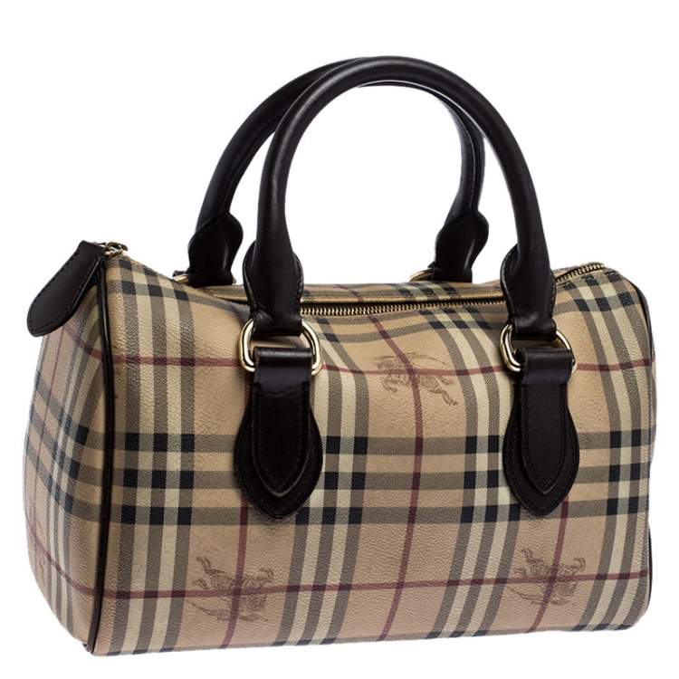 Pre Owned Burberry Brown Canvas Leather Horse Ferry Check Boston Bag