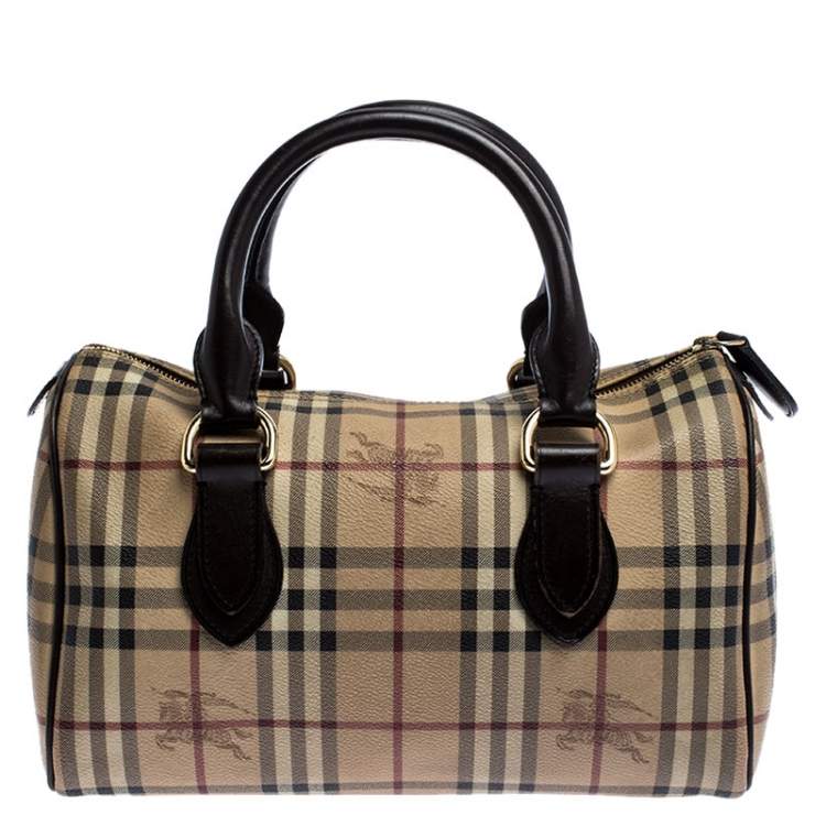 Pre Owned Burberry Brown Canvas Leather Horse Ferry Check Boston Bag