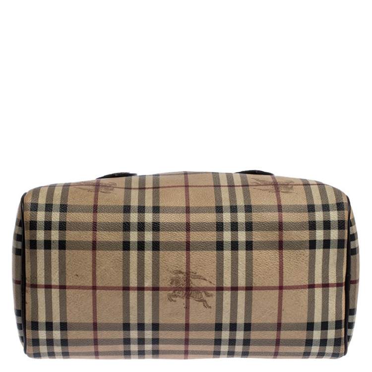 Pre Owned Burberry Brown Canvas Leather Horse Ferry Check Boston Bag