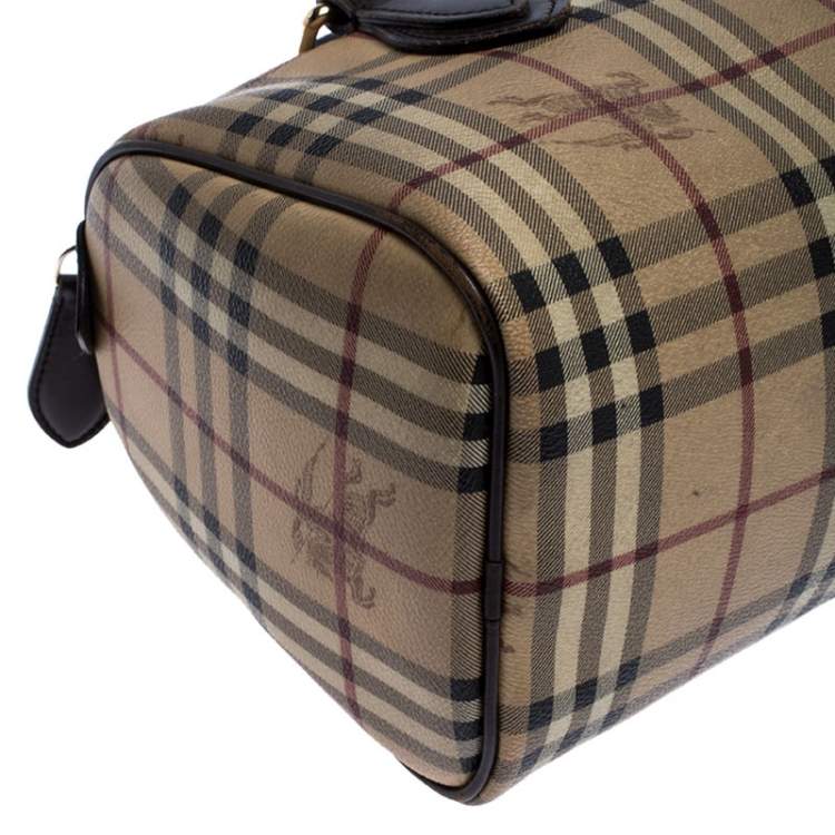 Pre Owned Burberry Brown Canvas Leather Horse Ferry Check Boston Bag