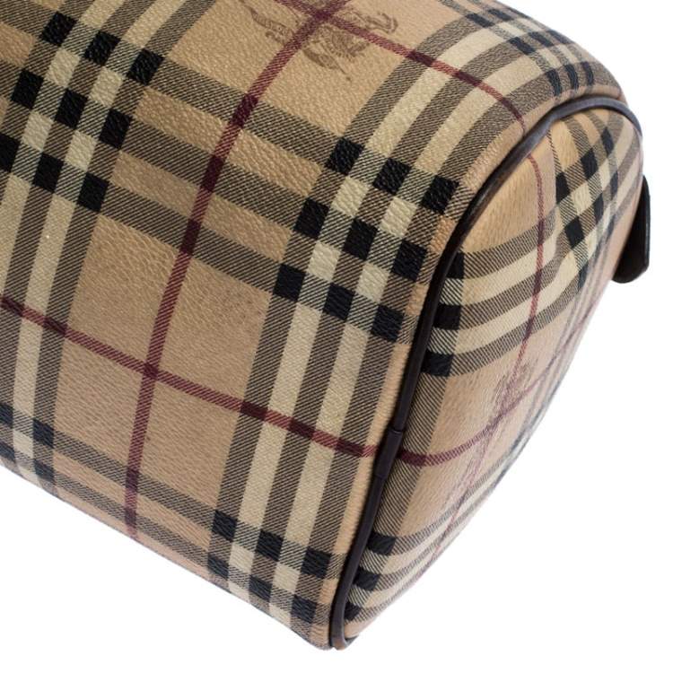 Pre Owned Burberry Brown Canvas Leather Horse Ferry Check Boston Bag