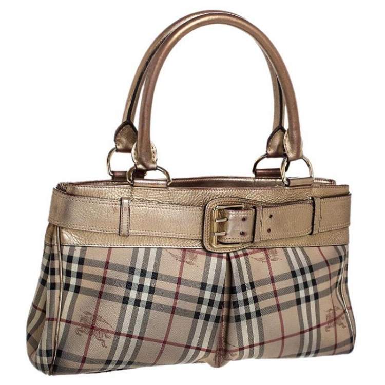 Pre Owned Burberry Beige/Gold Haymarket Check Coated Canvas and Leather Bridle Tote