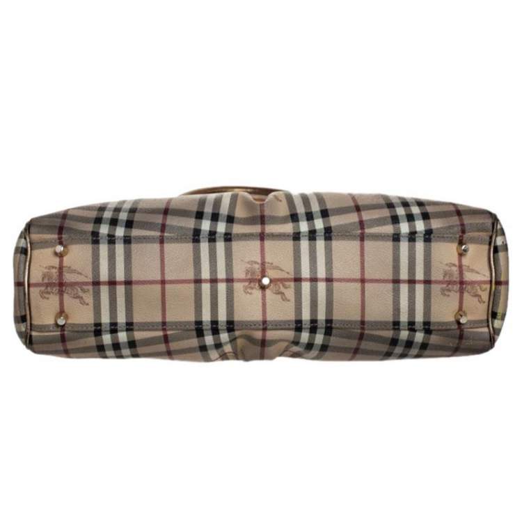 Pre Owned Burberry Beige/Gold Haymarket Check Coated Canvas and Leather Bridle Tote