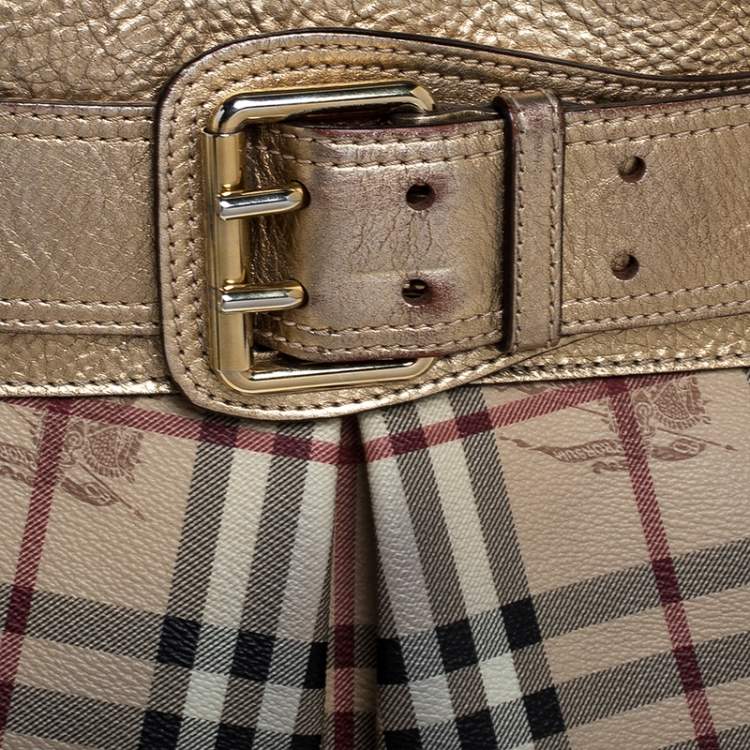 Pre Owned Burberry Beige/Gold Haymarket Check Coated Canvas and Leather Bridle Tote