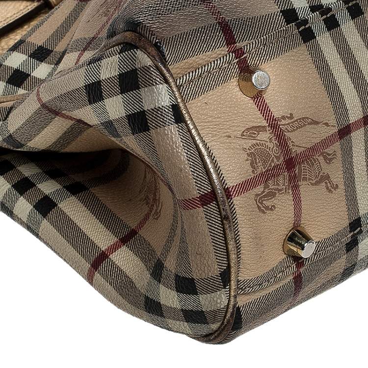 Pre Owned Burberry Beige/Gold Haymarket Check Coated Canvas and Leather Bridle Tote