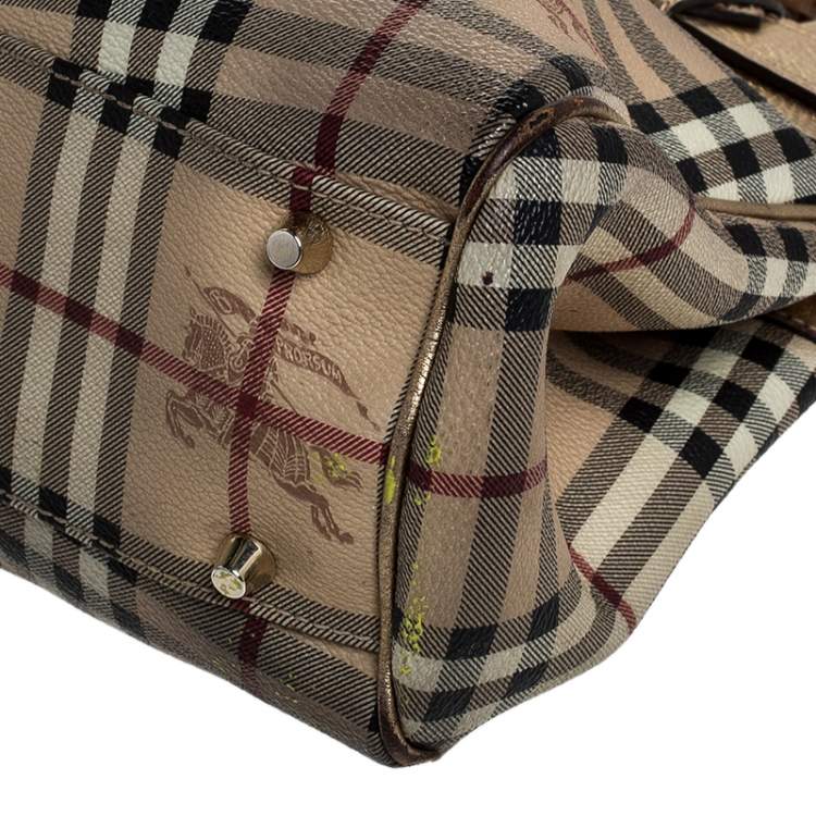 Pre Owned Burberry Beige/Gold Haymarket Check Coated Canvas and Leather Bridle Tote