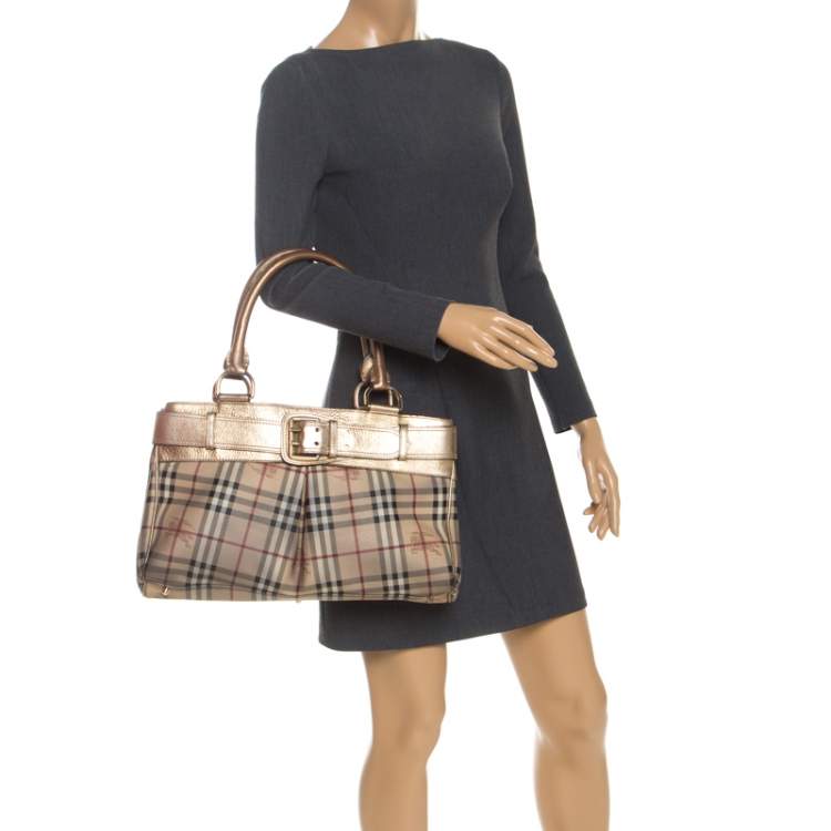 Pre Owned Burberry Beige/Gold Haymarket Check Coated Canvas and Leather Bridle Tote