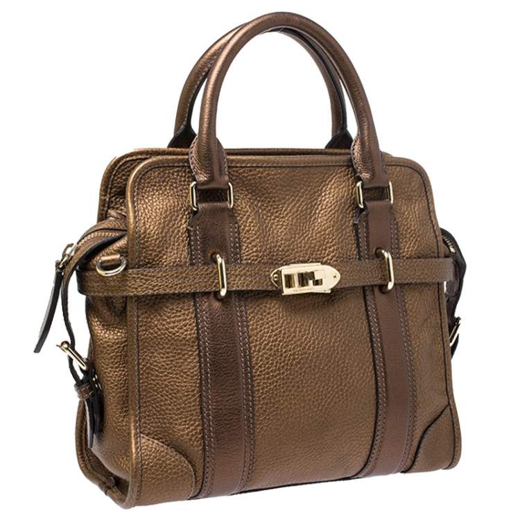 Pre Owned Burberry Metallic Brown Leather Top Handle Bag