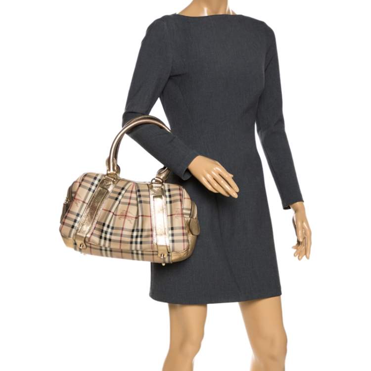 مملوكة مسبقًا Burberry Gold/Beige Haymarket Check Coated Canvas Ashbury Satchel