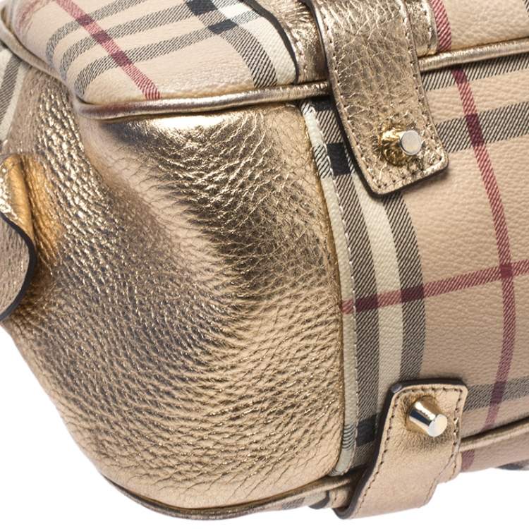 مملوكة مسبقًا Burberry Gold/Beige Haymarket Check Coated Canvas Ashbury Satchel
