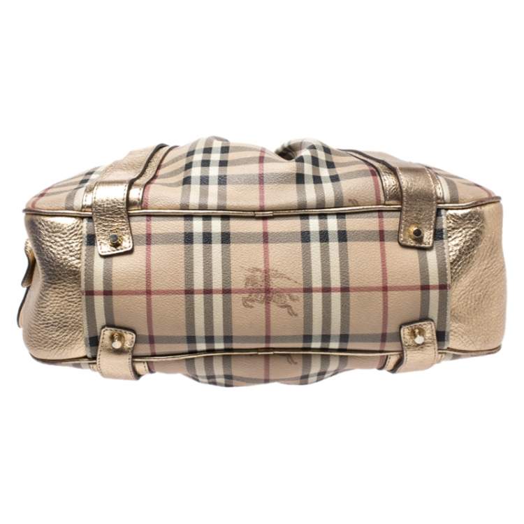 مملوكة مسبقًا Burberry Gold/Beige Haymarket Check Coated Canvas Ashbury Satchel