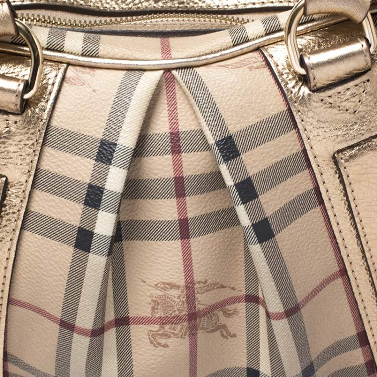 مملوكة مسبقًا Burberry Gold/Beige Haymarket Check Coated Canvas Ashbury Satchel