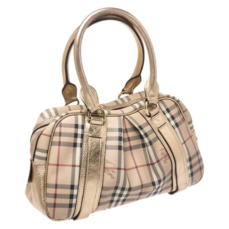 مملوكة مسبقًا Burberry Gold/Beige Haymarket Check Coated Canvas Ashbury Satchel