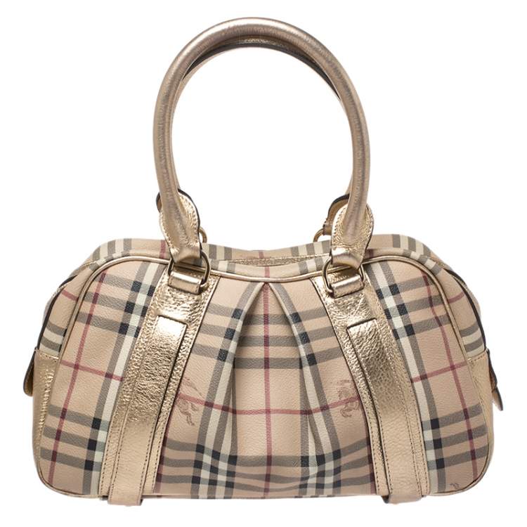 مملوكة مسبقًا Burberry Gold/Beige Haymarket Check Coated Canvas Ashbury Satchel