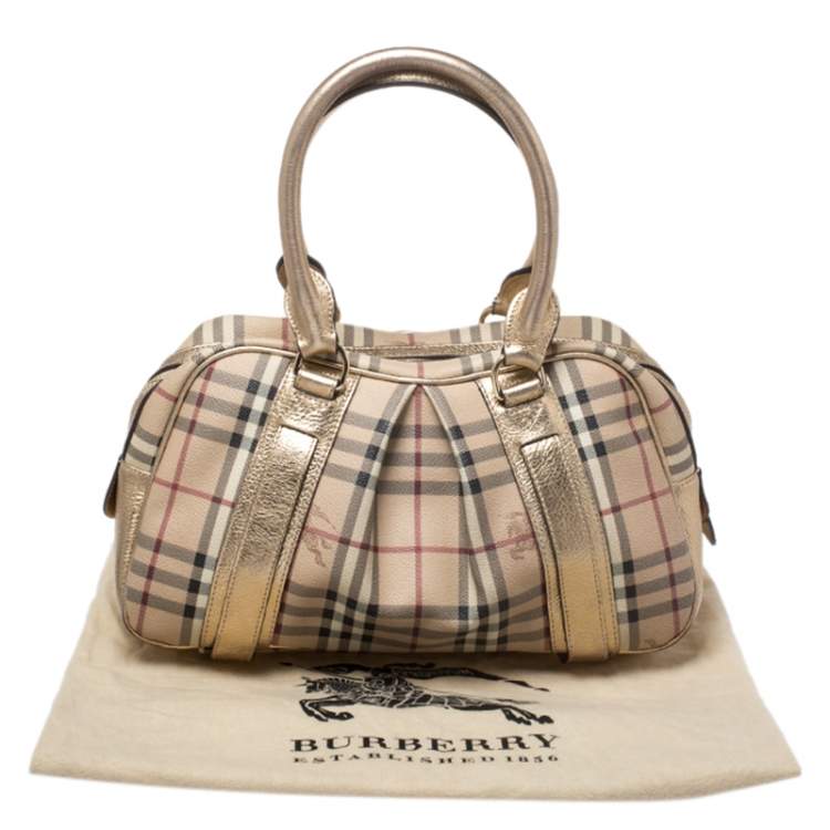 مملوكة مسبقًا Burberry Gold/Beige Haymarket Check Coated Canvas Ashbury Satchel