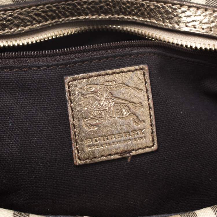 مملوكة مسبقًا Burberry Gold/Beige Haymarket Check Coated Canvas Ashbury Satchel
