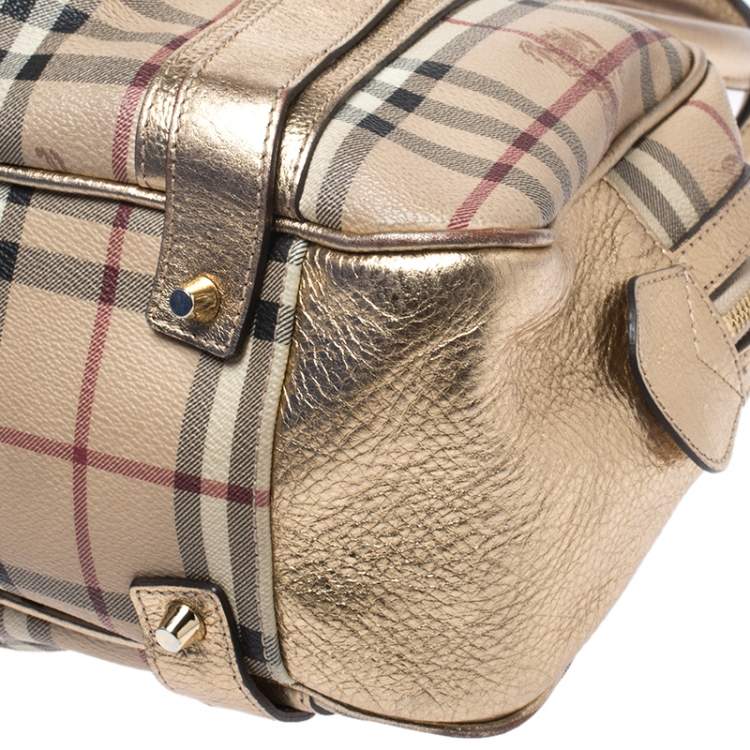 مملوكة مسبقًا Burberry Gold/Beige Haymarket Check Coated Canvas Ashbury Satchel